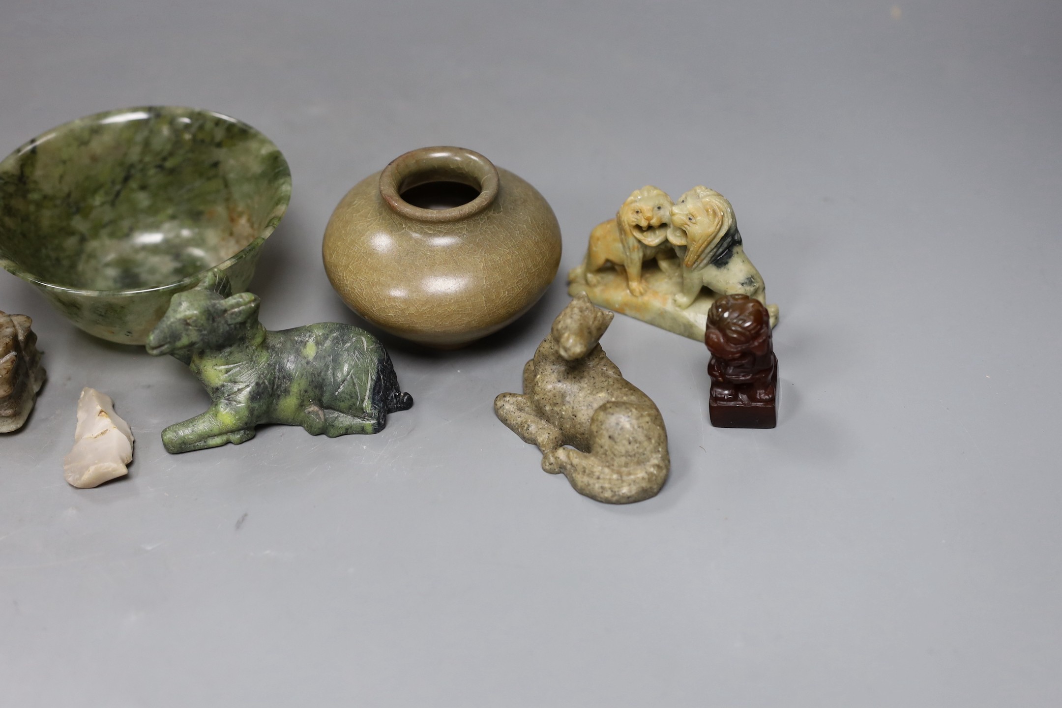 A small Chinese grey and black jade cong, 3.2 cm wide and other various Chinese hardstone and soap stone carvings, bowl 9.5cms diameter